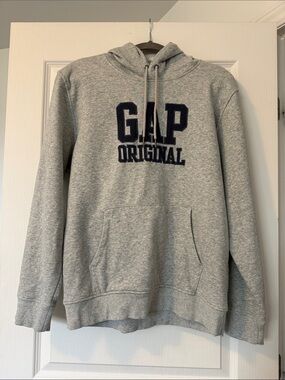 GAP Heather Gray Pullover Hoodie with Navy Logo
